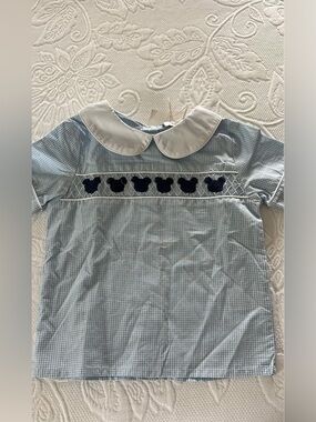 Children's Light Blue Gingham Peter Pan Collar Top with Navy Appliqué